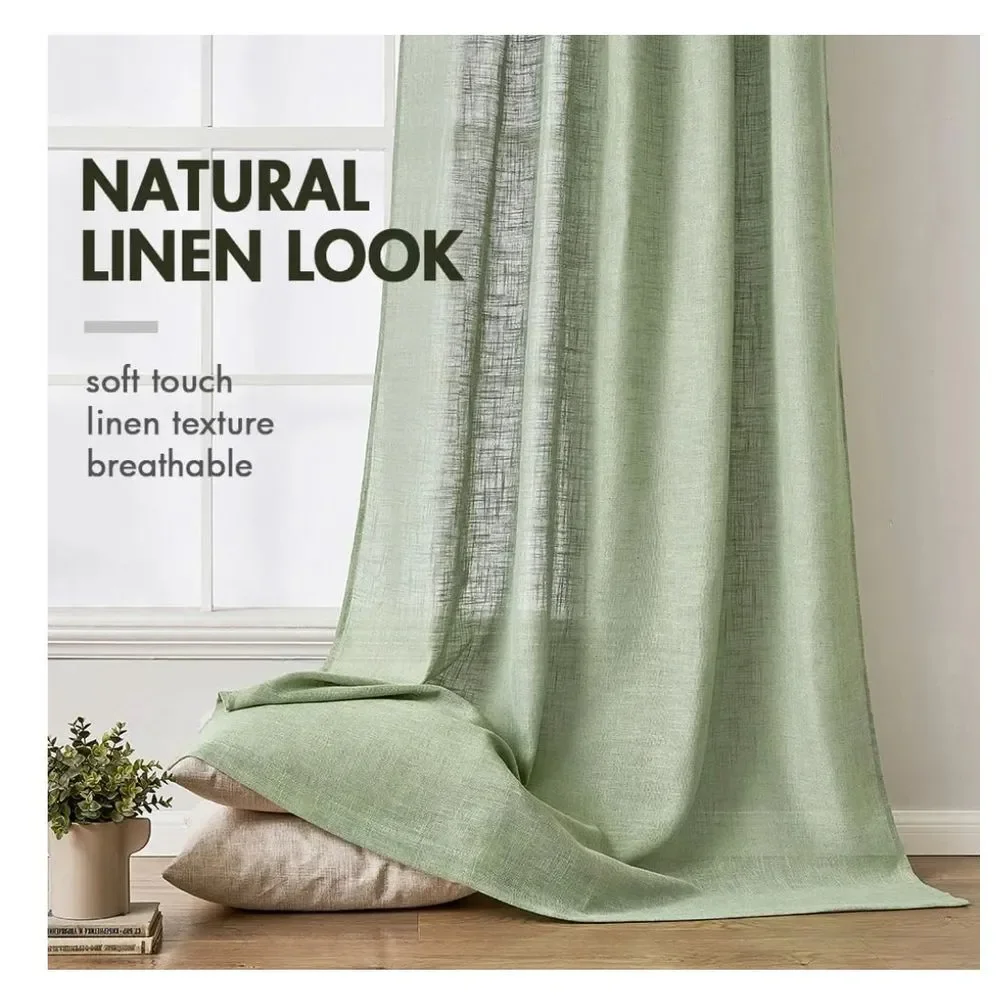 Sage Green Linen Curtains 120 Inches‎ Long 2 Panels for Bedroom - Picture 4 of 8